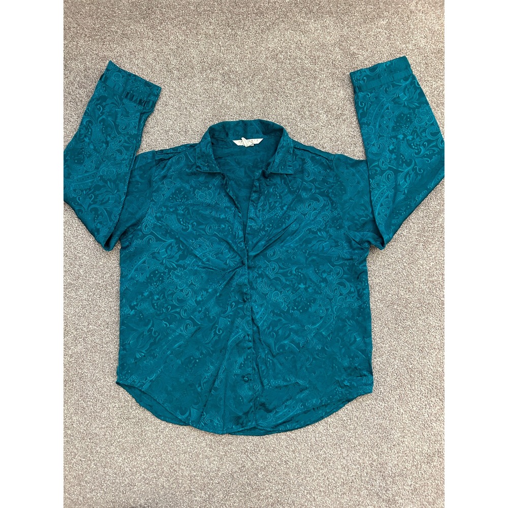 Partners Intimates Button Down Shirt Womens M Teal Paisley Jacquard Excellent